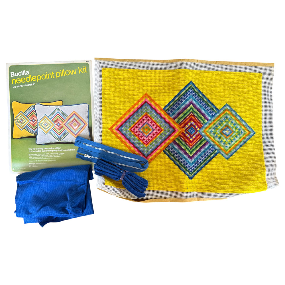 STARTED Bucilla Futura Needlepoint Pillow Kit 4462 Vintage Partial Project MCM